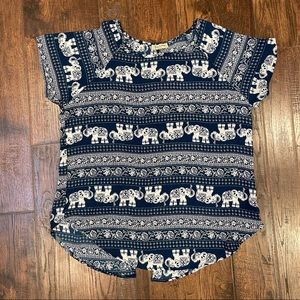 Lily White Elephant Blouse Sz S Navy Blue & White floral geometric striped